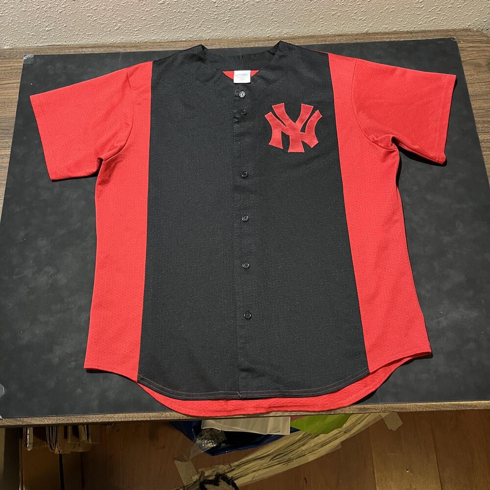 New York Yankees Jersey Shirt Mens XL Black Red MLB Baseball Majestic Button Up